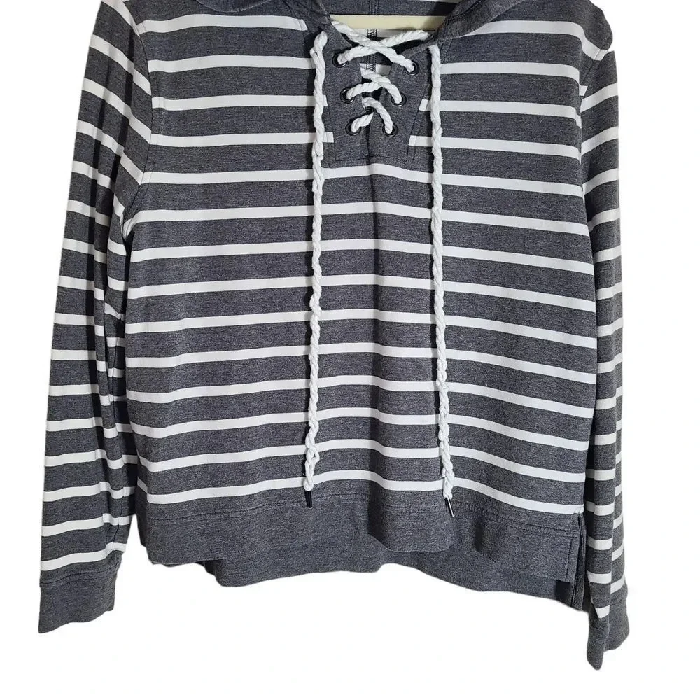 CAbi Size Medium Windward Striped Hooded Sweatshirt‎ Hoodie Gray White Nautical